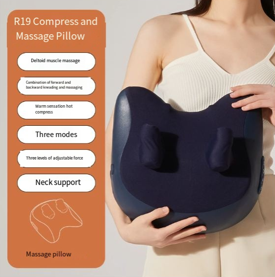 Person holding a massage pillow with features listed on the left