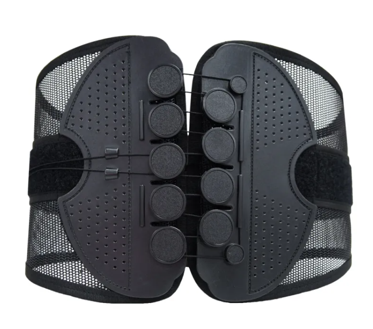 Black waist trainer belt with breathable mesh panels and adjustable hook-and-loop straps, shown against a plain white background.