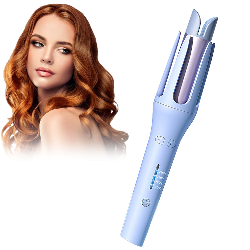 Woman with styled hair next to a blue hair straightener on a white background