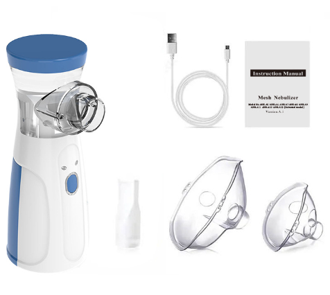 Mesh Nebulizer with accessories and instruction manual on a white background