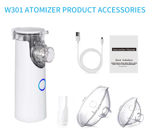W301 Atomizer product accessories including the device, mask, and cable on a white background.