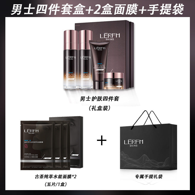 Men's skincare set with bottles, boxes, and a handbag on a white background