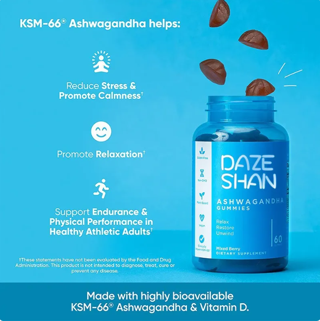 Daze Shan Ashwagandha gummies bottle with blue background and text about health benefits.
