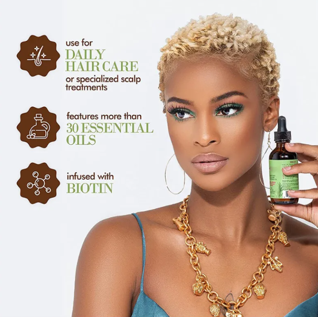 Woman holding a bottle of hair care product with text about its uses and features.