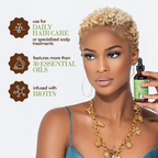 Woman holding a bottle of hair care product with text about its uses and features.