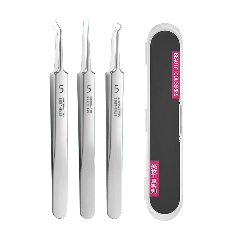 Set of three silver tweezers with a black case labeled 'Beauty Tool Series' on a white background.