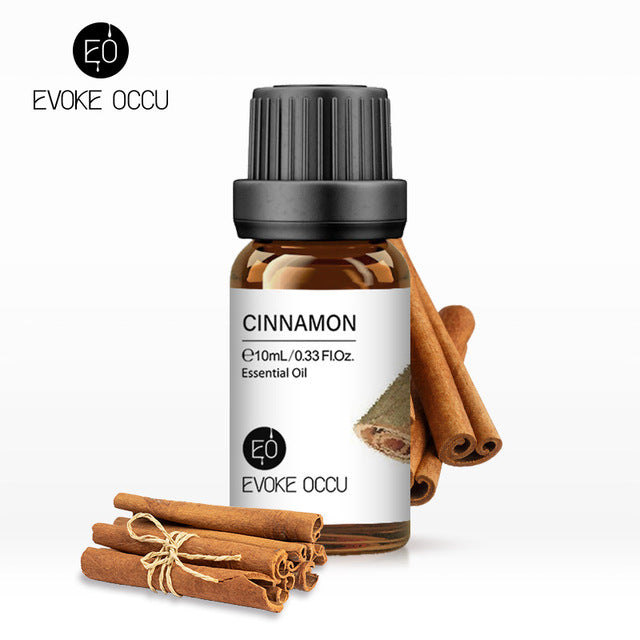 Evoke Occu cinnamon essential oil bottle with cinnamon sticks on a white background