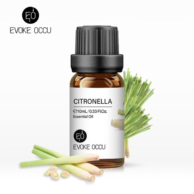 Bottle of Evoke Occu Citronella essential oil with lemongrass on a white background