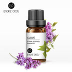 Evoke Occu clove essential oil bottle with lavender flowers on a white background