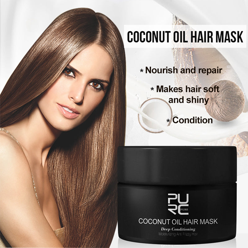 Coconut oil hair mask with a woman and product packaging on a white background