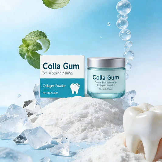 Colla Gum collagen powder packaging with a tooth and mint leaves on a light blue background