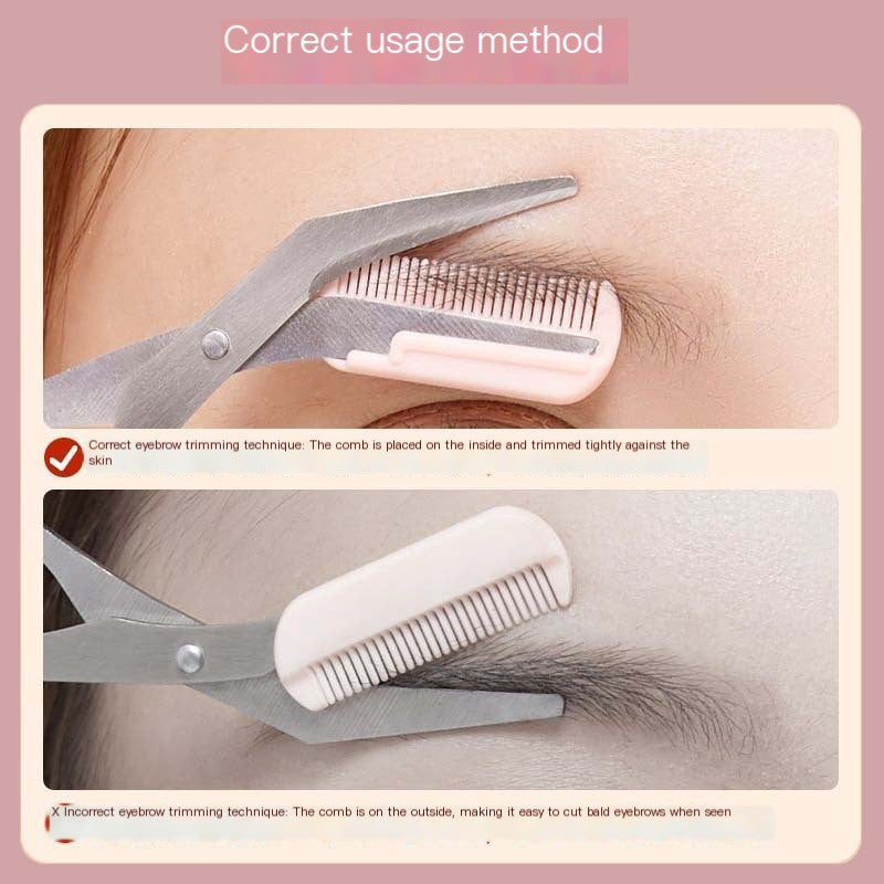 Instructions on correct and incorrect eyebrow trimming techniques using a comb and scissors.