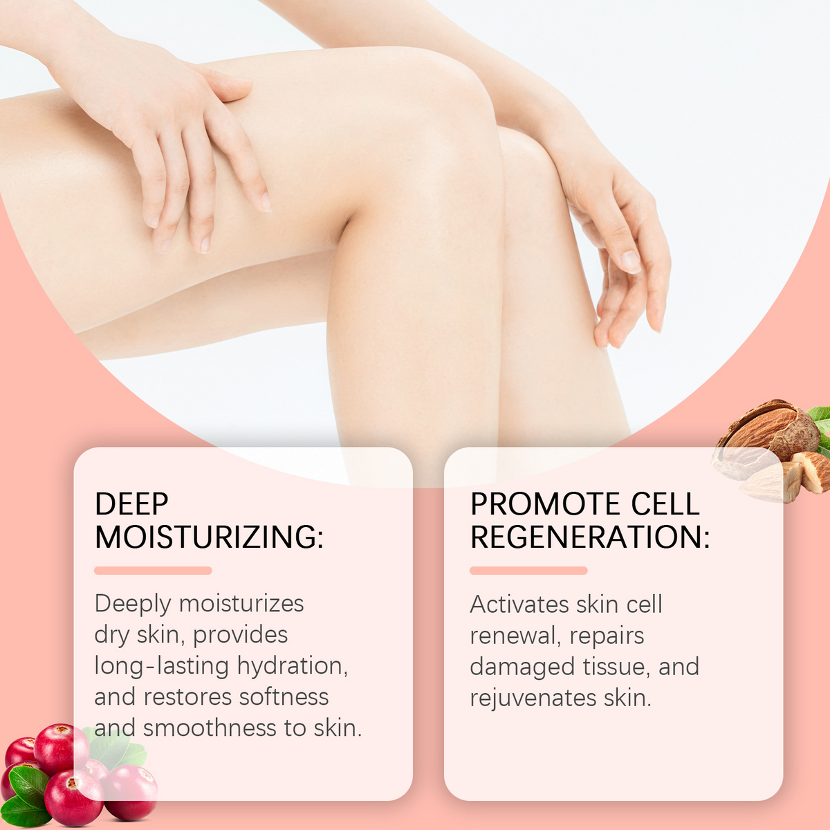 Legs with a focus on deep moisturizing and cell regeneration text, surrounded by fruits and nuts.
