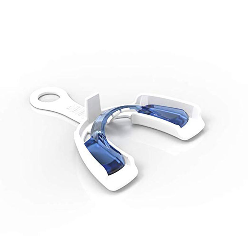 White mouthguard with blue interior on a white background