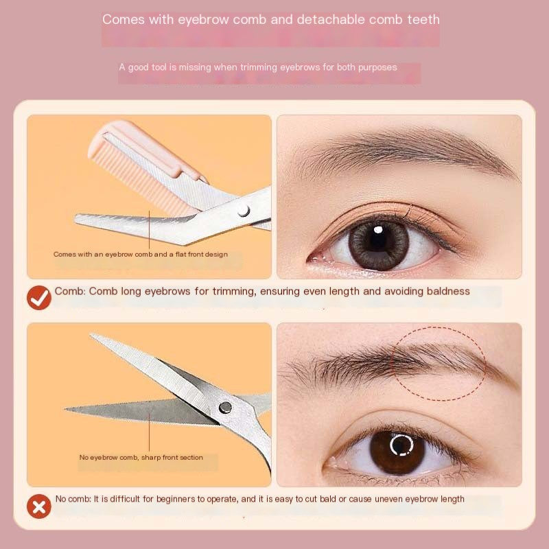 Product description with comb, scissors, and eyebrow illustration on a pink background