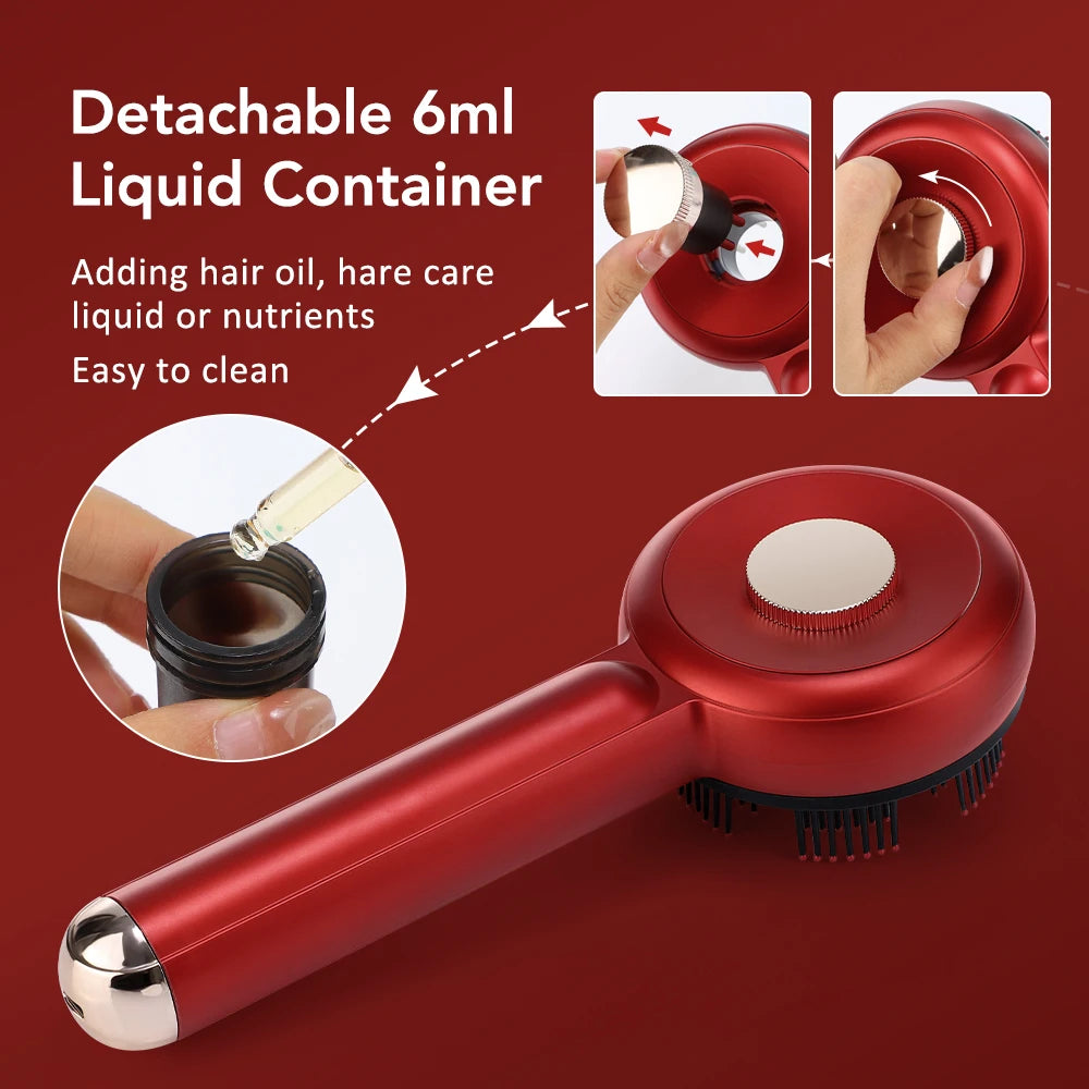 Red hair care tool with detachable 6ml liquid container on a red background
