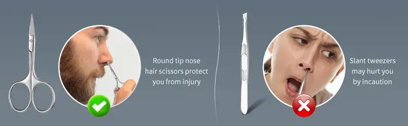 Illustration of nose hair scissors, round tip nose hair scissors, and slant tweezers with safety information on a gray background.