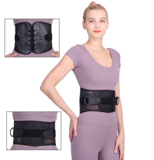 Woman wearing a black back brace with close-up insets on a white background