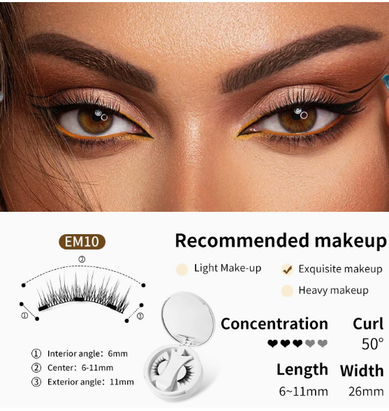 Close-up of a woman's eyes with false eyelashes, product details, and recommended makeup.