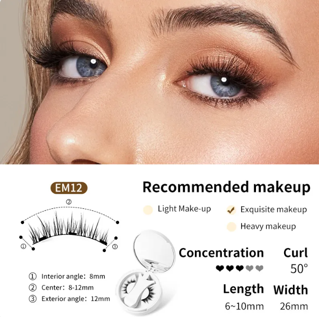 Eyelash product with user guide and recommended makeup application on a neutral background