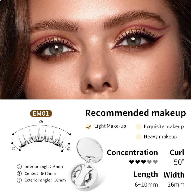 Close-up of a woman's eye with makeup recommendations and product details.