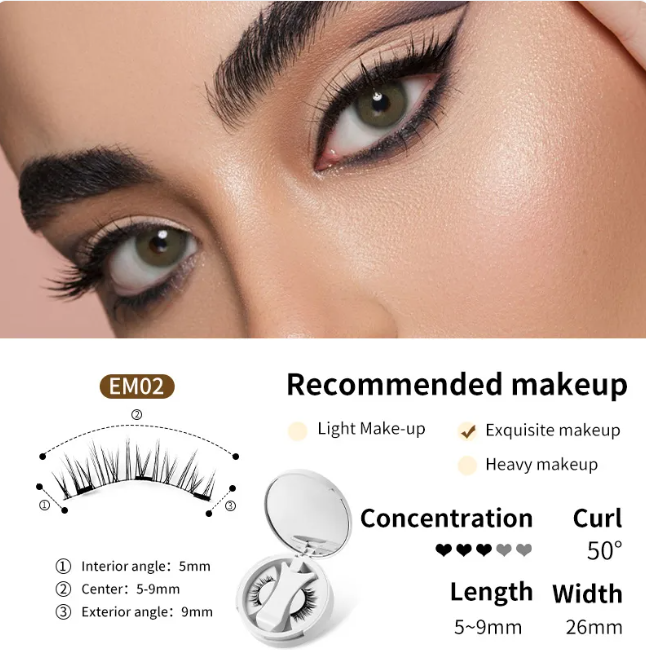 Eyelash with recommended makeup details and lash product on a beige background