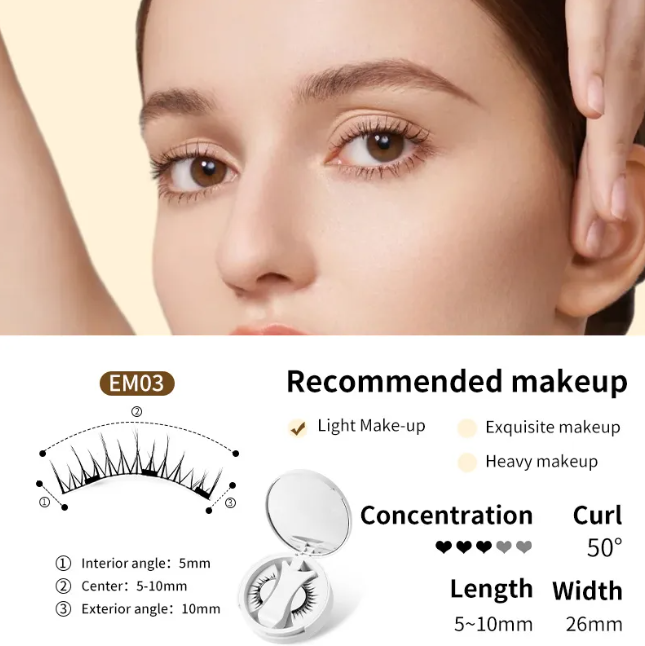 Close-up of a woman's face with a product recommendation for makeup, including lash length and curl details.