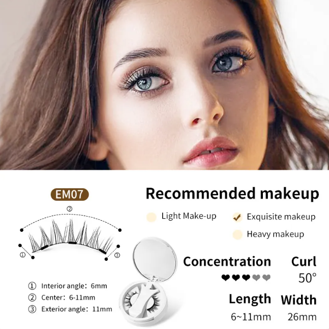 Close-up of a woman's face with recommended makeup and false eyelash product details.