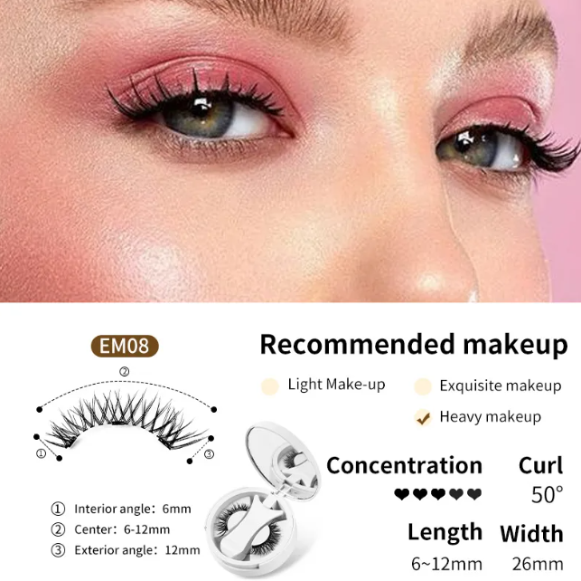 Close-up of eyes with false eyelashes and recommended makeup information.