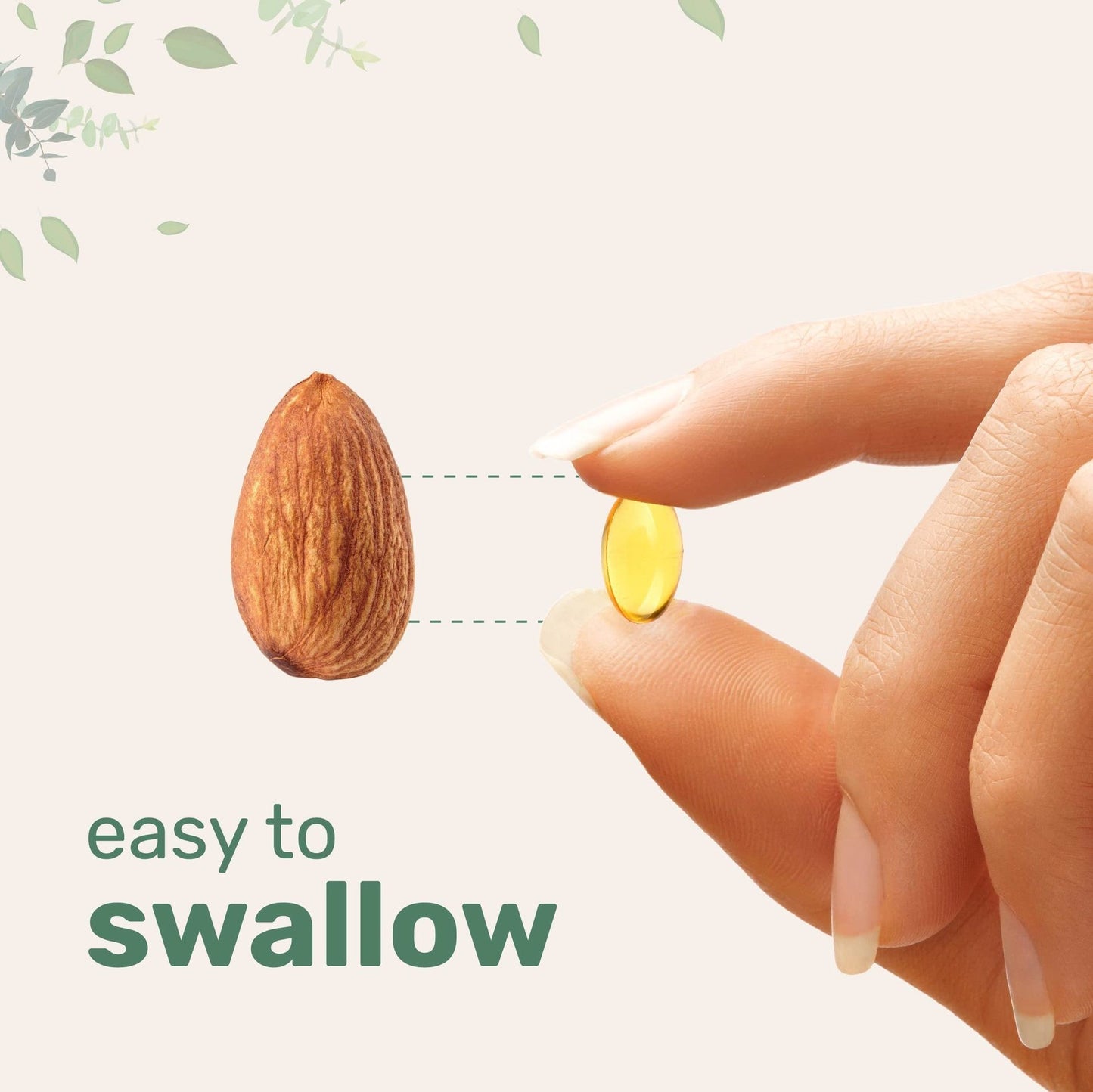 Hand holding a yellow pill next to an almond with text 'easy to swallow' on a light background