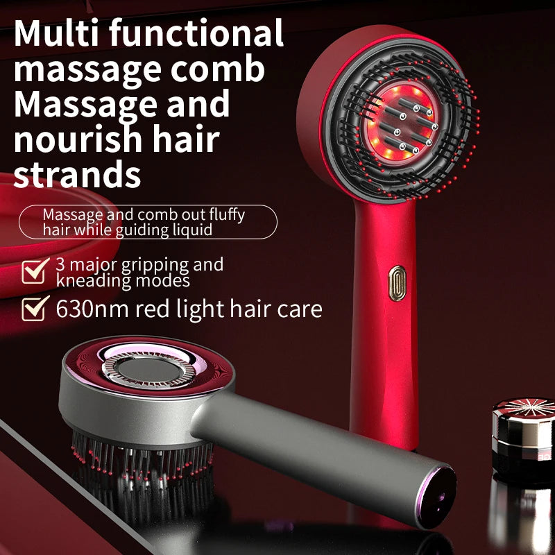 Red and gray multi-functional massage comb with text on a dark background