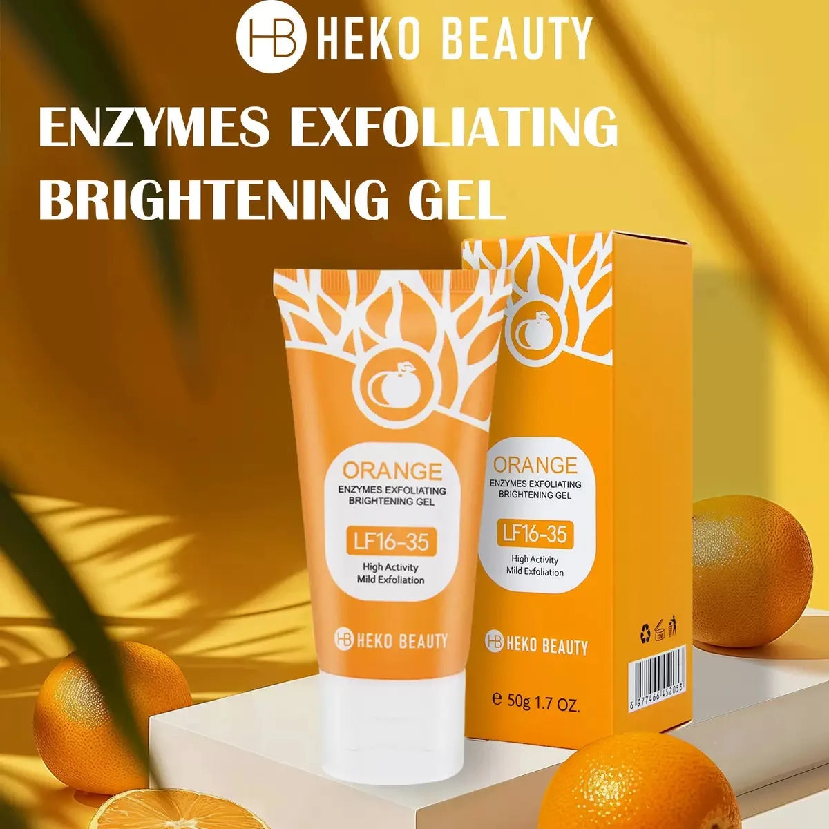 HEKO Beauty enzymes exfoliating brightening gel with packaging on a yellow background with oranges.