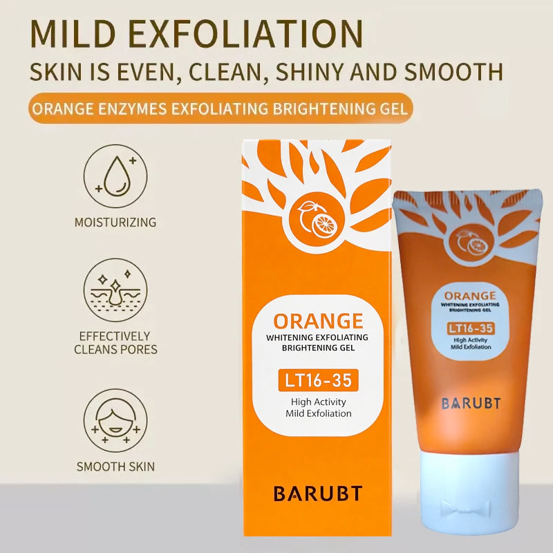 Barubt orange exfoliating gel packaging with product and box on a beige background