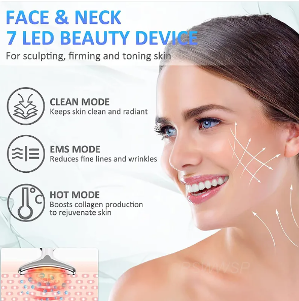 Woman using a 7 LED beauty device on her face with text describing modes and benefits.
