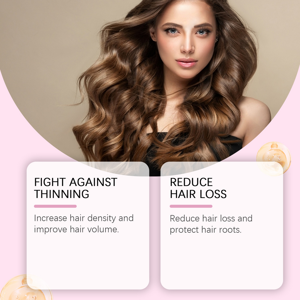 Woman with long, wavy hair with text about fighting hair thinning and reducing hair loss.