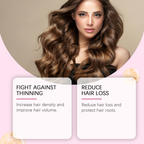 Woman with long, wavy hair with text about fighting hair thinning and reducing hair loss.