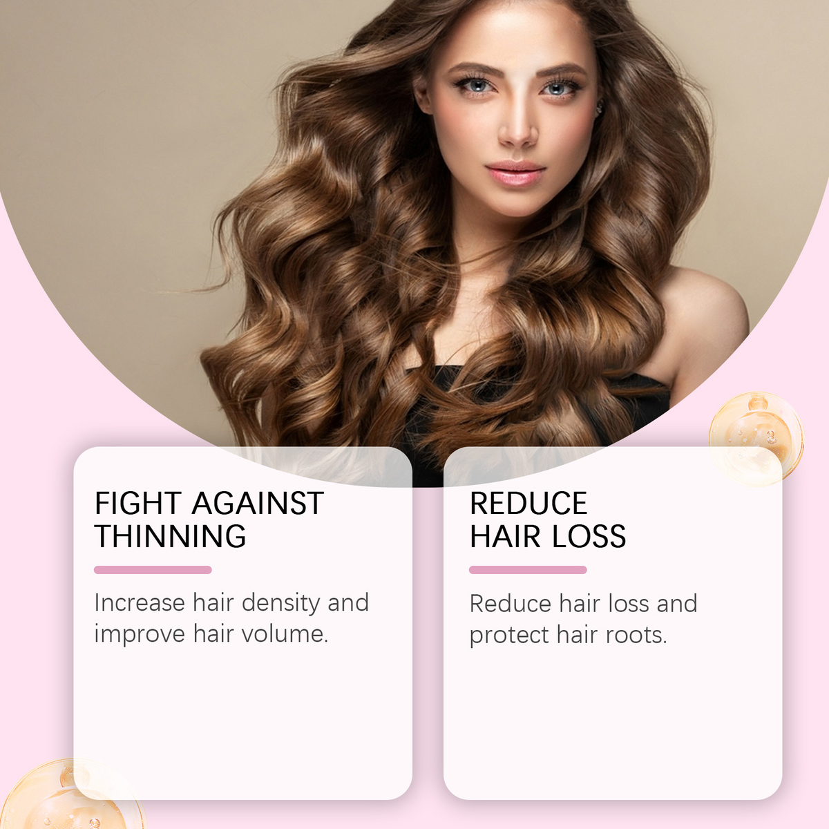 Woman with long, wavy hair with text about fighting hair thinning and reducing hair loss.