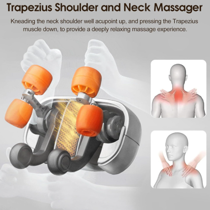Trapezius shoulder and neck massager with orange knobs on a gray background
