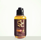 A bottle of PURC Pure Thickening Shampoo with a black cap and a dark brown label, containing amber-colored liquid, shown on a plain white background.