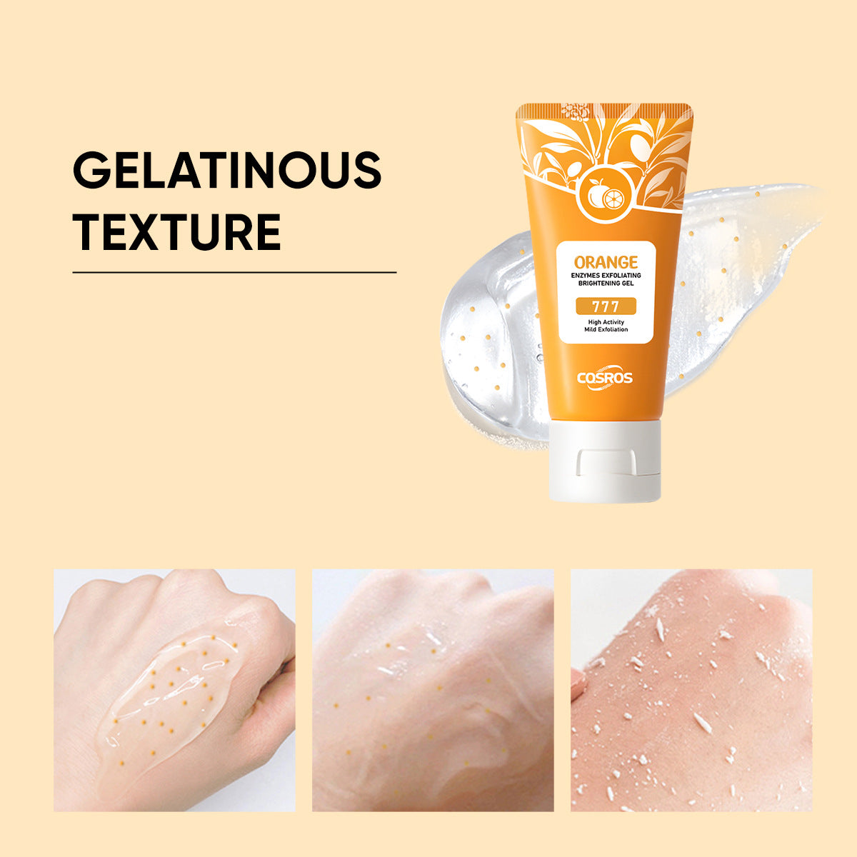 Cosmis Orange sunscreen tube with gelatinous texture demonstration on skin