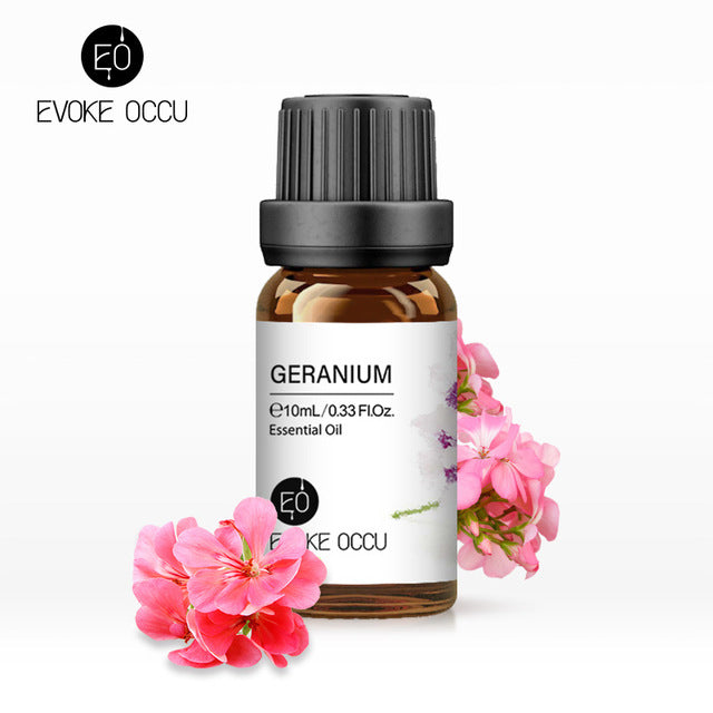 Evoke Occu Geranium essential oil bottle with pink flowers on a white background