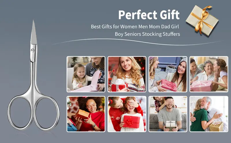 Pair of scissors with promotional text and images of people opening gifts on a gray background