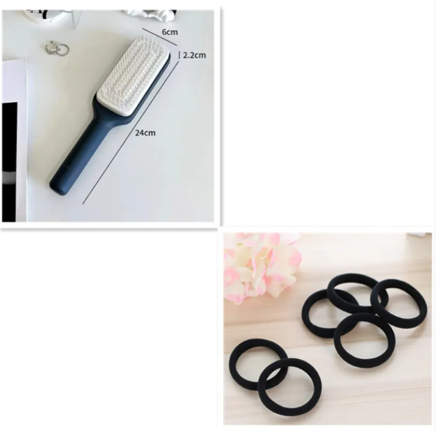 Gray Hairbrush and hair ties with measurements