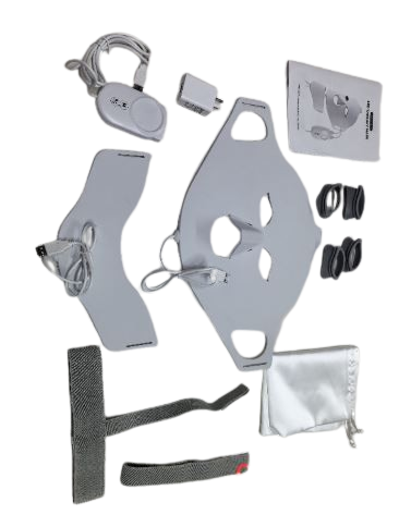 Set of gray medical devices and accessories on a white background