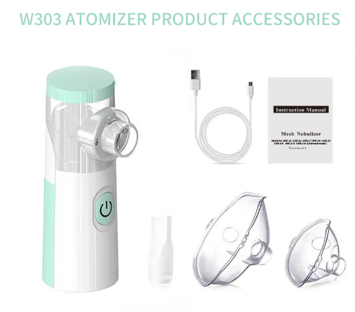 W303 Atomizer product accessories including device, mask, and cable on a white background.