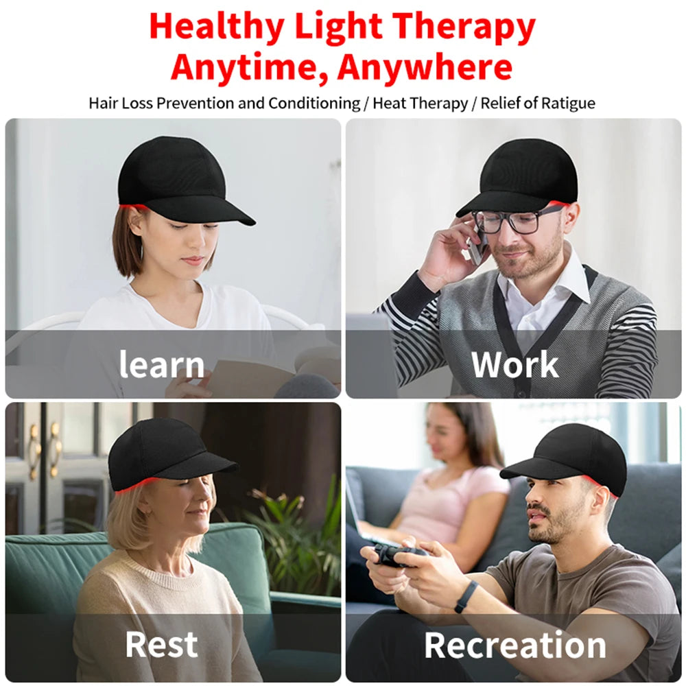Four scenarios showing people wearing a black cap with red band, labeled 'learn', 'work', 'rest', and 'recreation'. Text about healthy light therapy is displayed.