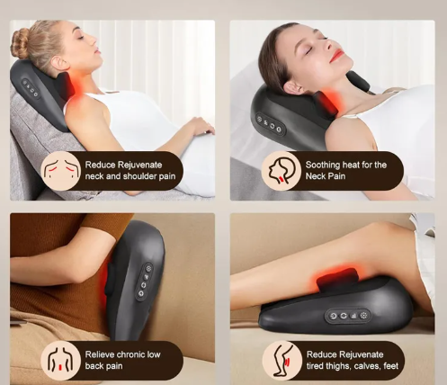 Neck and shoulder massager with heat therapy being used on different parts of the body.