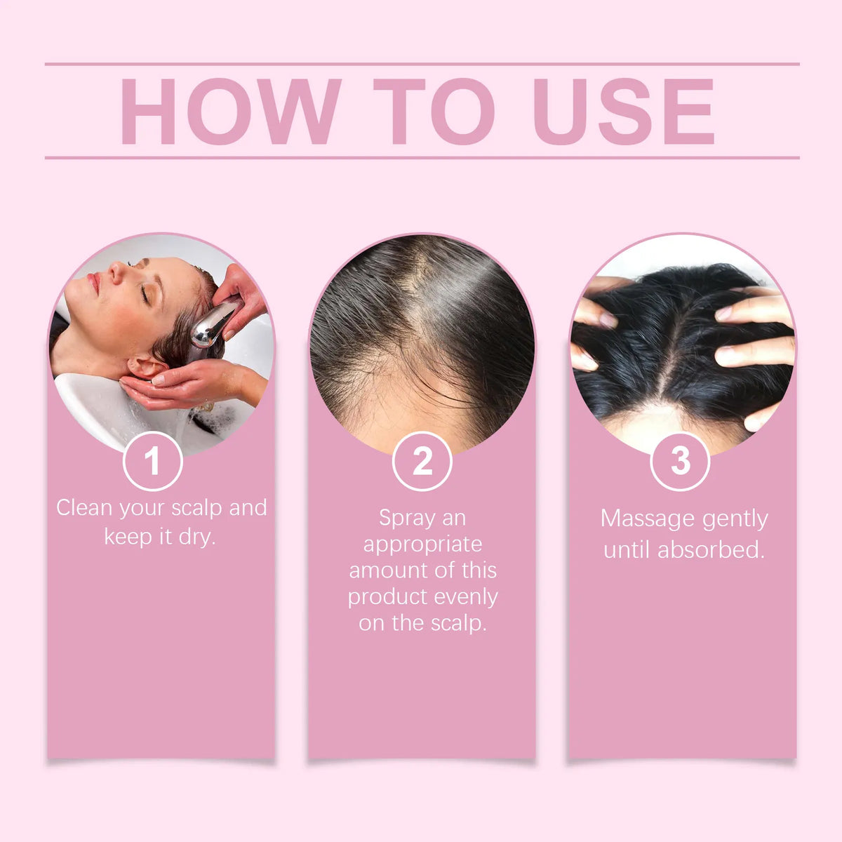 Step-by-step guide on how to use a hair care product with illustrations and text on a pink background.