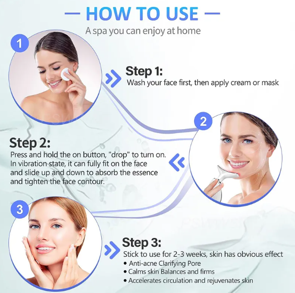 Instructions on how to use a facial device with step-by-step guide and images of a woman using it.