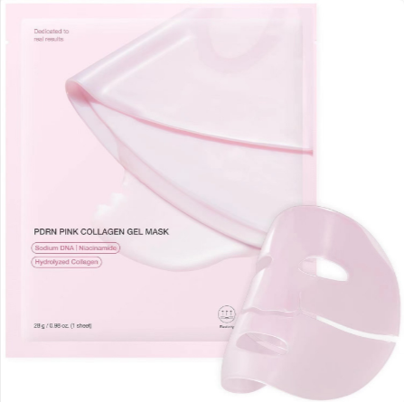 Pink collagen gel mask with packaging on a white background